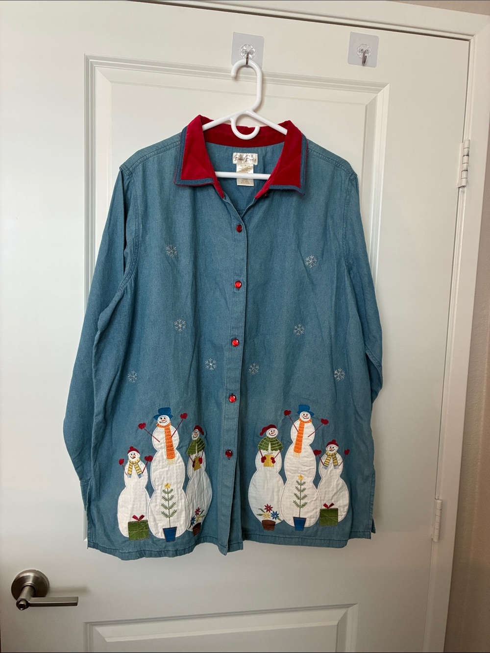 Vintage Bobbie Brookes Holiday Snowman Embroidered Denim Shirt Size 22/24W